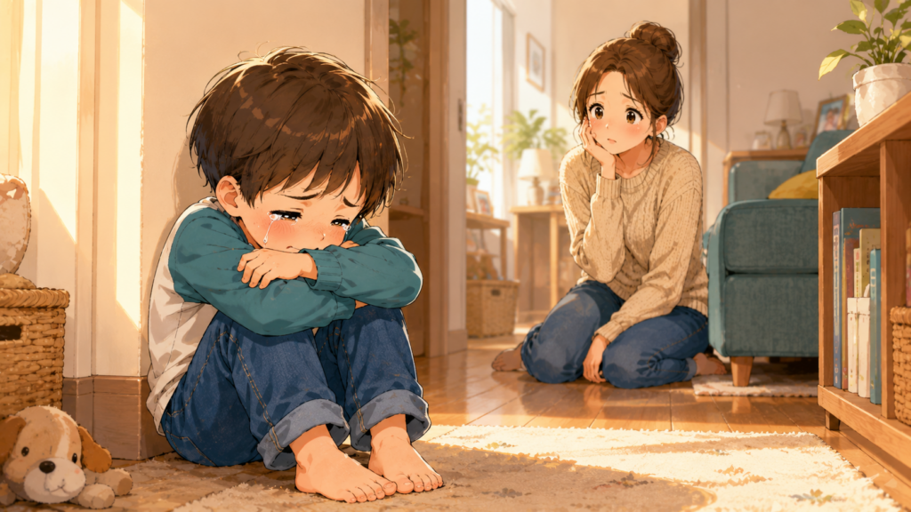 泣く息子に困り果てる母親のイラスト