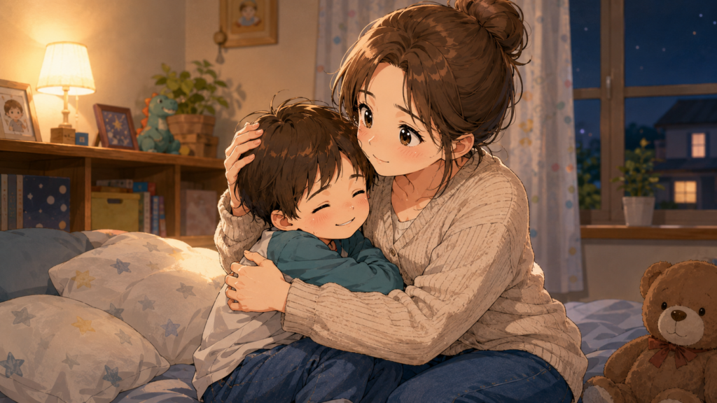 息子を抱きしめる母親のイラスト