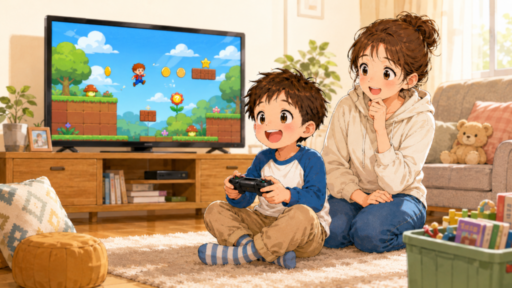 楽しそうにゲームをする親子のイラスト