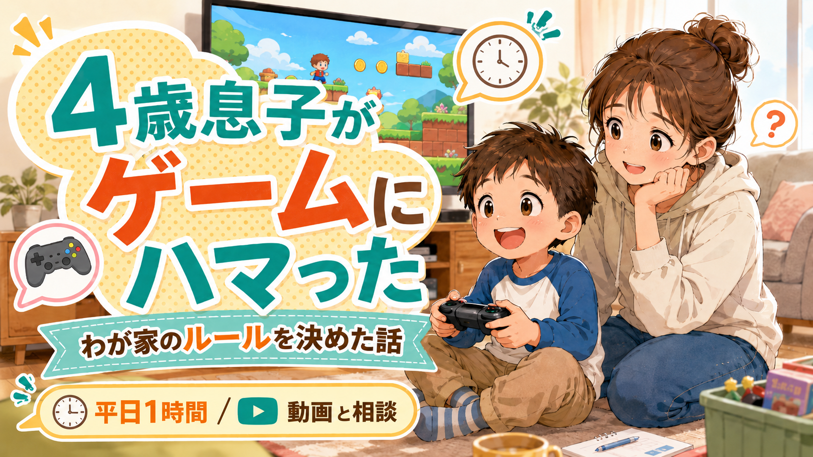 子どもがゲームしてるのを見てる母親のアイキャッチ画像