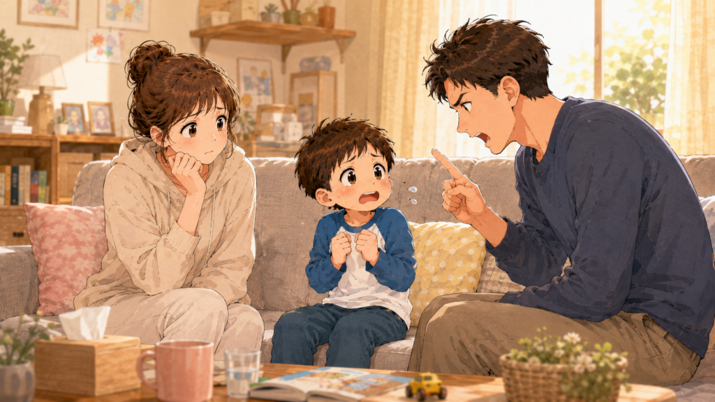 圧の感じる言い方で叱る父親に戸惑う母親と子どものイラスト