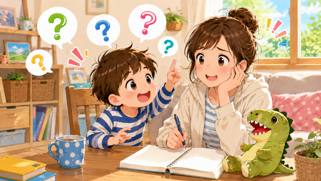 子どもに質問攻めされている母親のイラスト