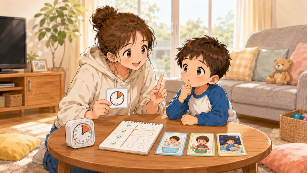 ゲームをやるルールについて話し合う親子のイラスト
