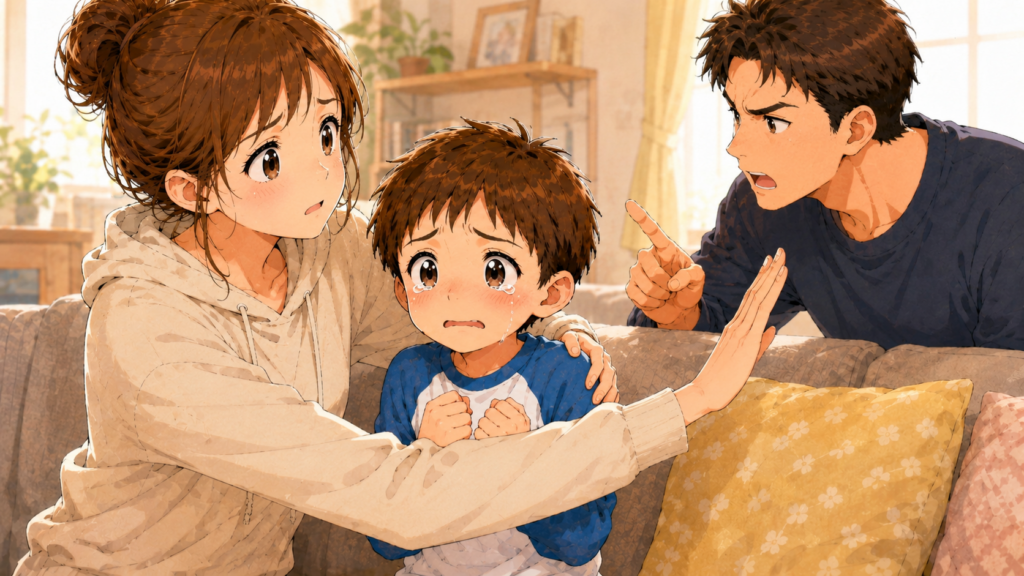 怒りすぎの父親を制止する母親のイラスト