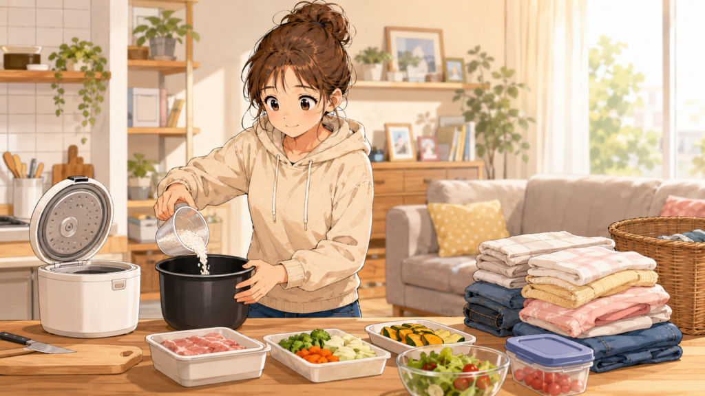 夫と子どもの帰宅に備えて先にやれることをやっている母親のイラスト