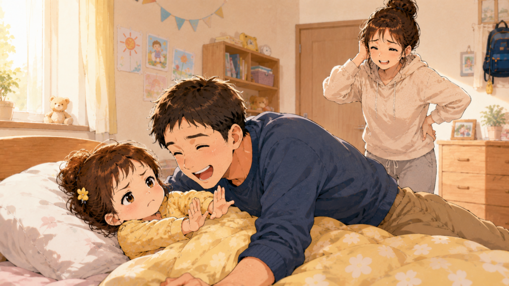 パパに抱きつかれて不機嫌な子どものイラスト