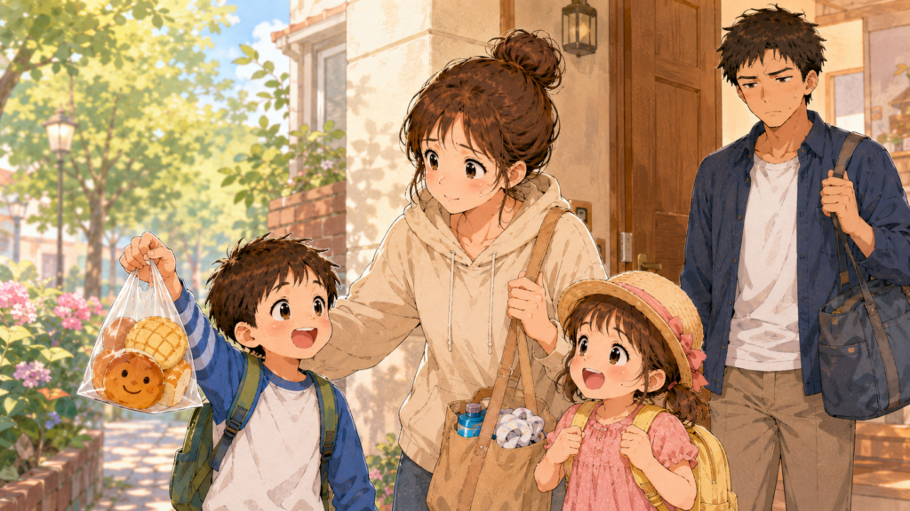 パンを買って嬉しそうな子どもを見ている母親と不機嫌そうな父親のイラスト
