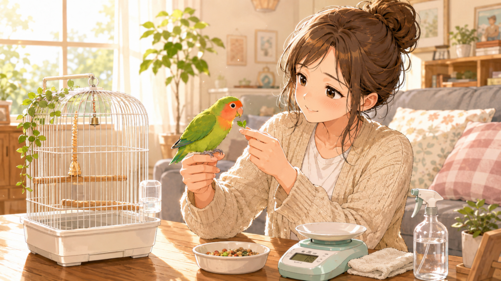 インコを可愛がる女性のイラスト
