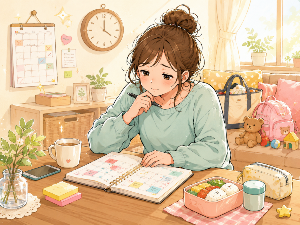 1日の予定を立てる母親のイラスト