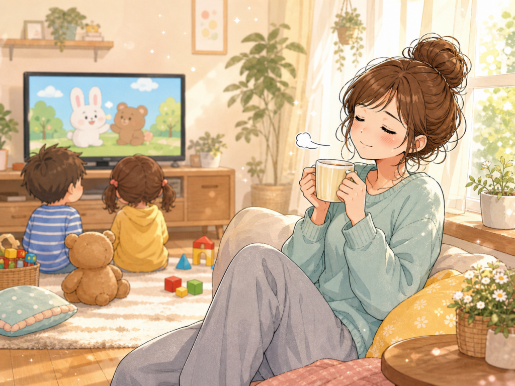 子どもがテレビを見てる後ろで休憩している母親のイラスト