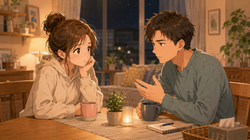 夫婦で話し合っているイラスト