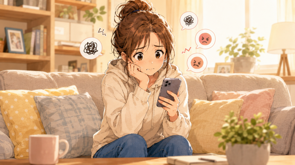 夫の不機嫌なメッセージに帰宅前から嫌な予感がしている母親のイラスト