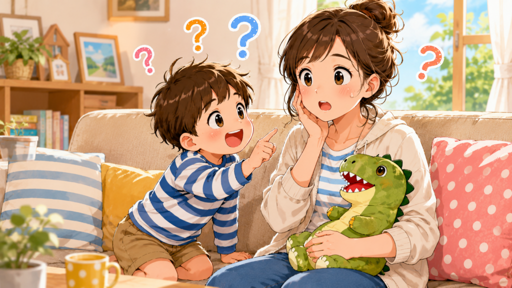子どもに質問攻めされている母親のイラスト