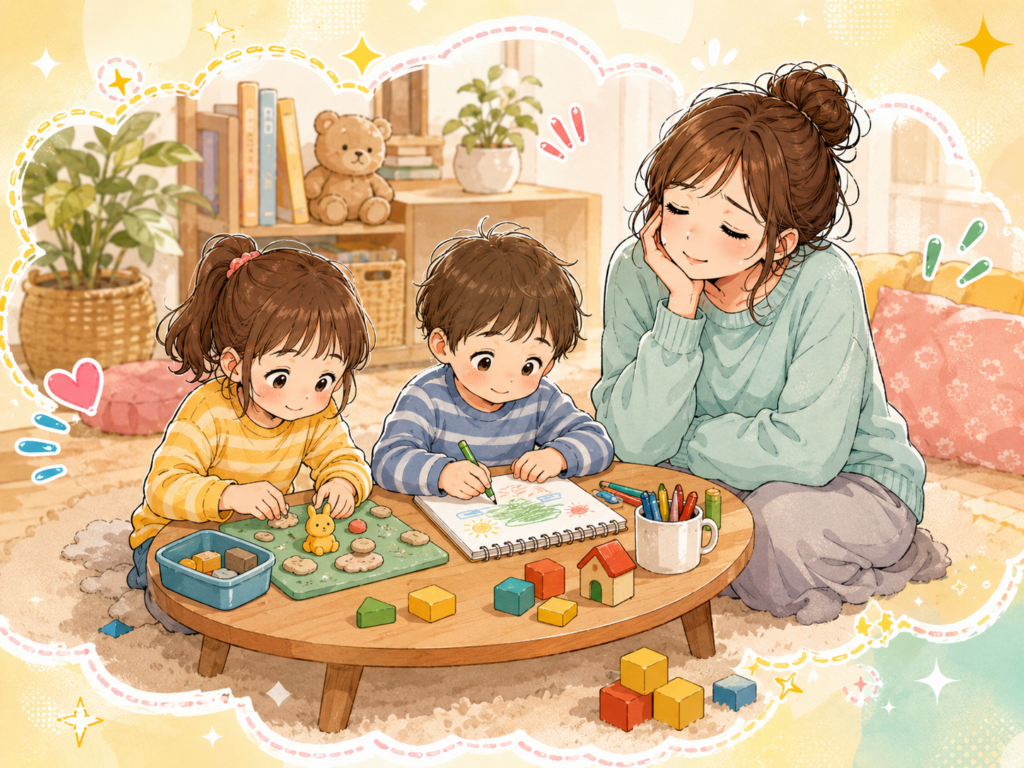 集中する遊びをしている子どもを見守る母親のイラスト