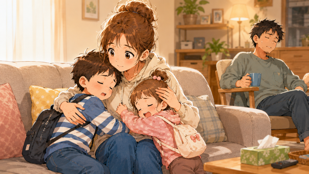 子どもたちを抱きしめる母親のイラスト