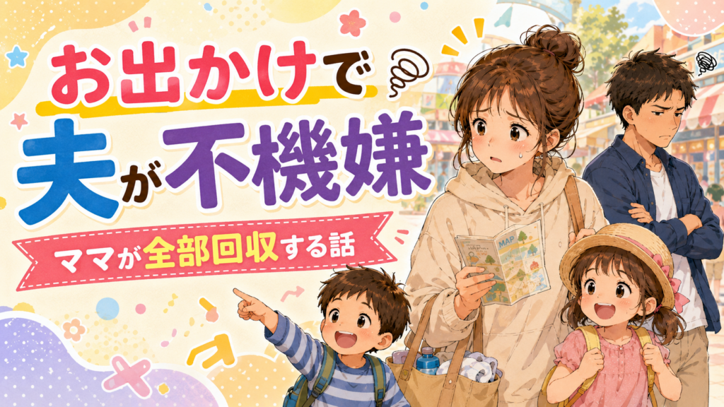 家族のお出かけで不機嫌な夫と大変そうな妻のアイキャッチ画像
