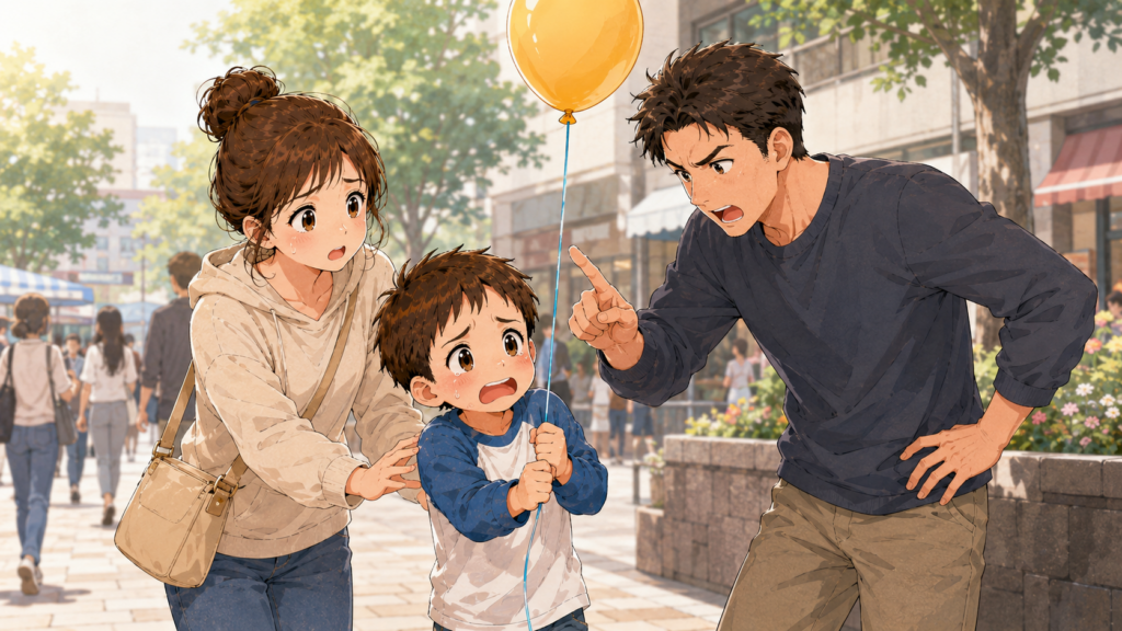 外で父親に叱られて泣きそうな子どもと子どもを庇う母親のイラスト