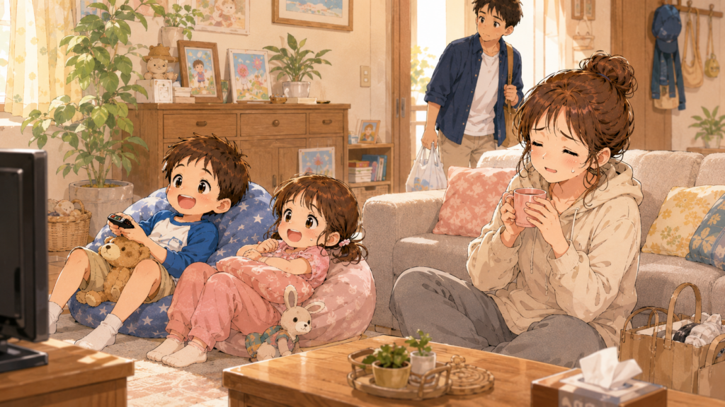 家に帰ってきてヘトヘトの家族のイラスト