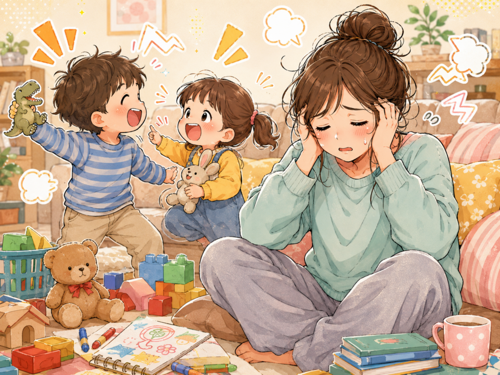 音に疲れている母親のイラスト