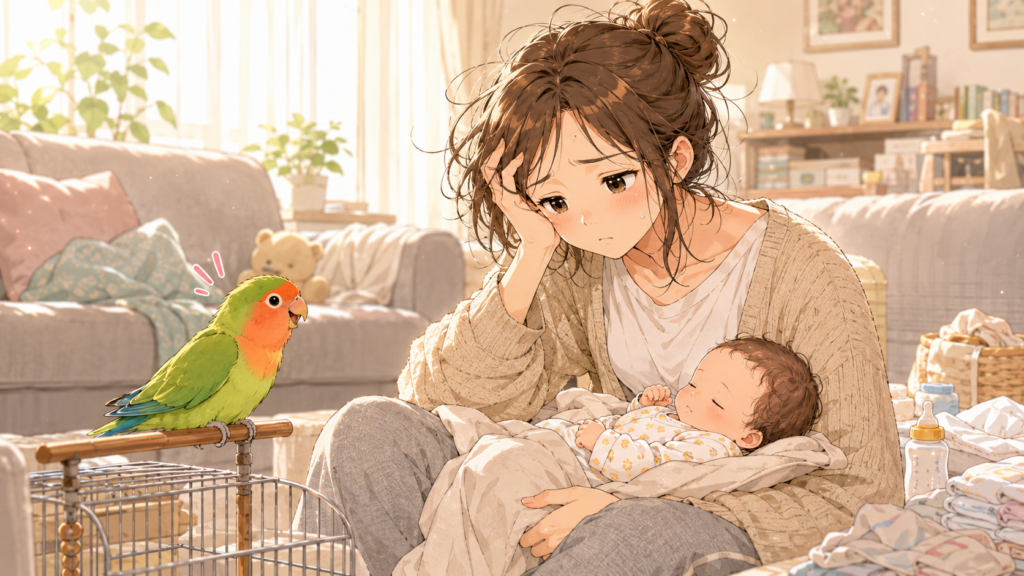 ペットのお世話に疲れている母親のイラスト