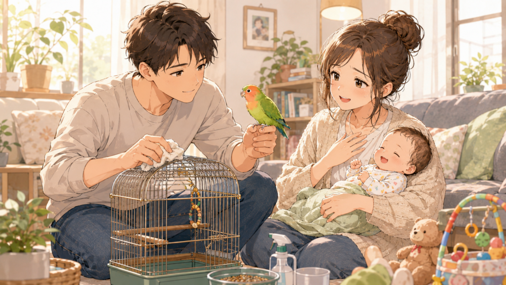 夫婦でペットのお世話をしているイラスト
