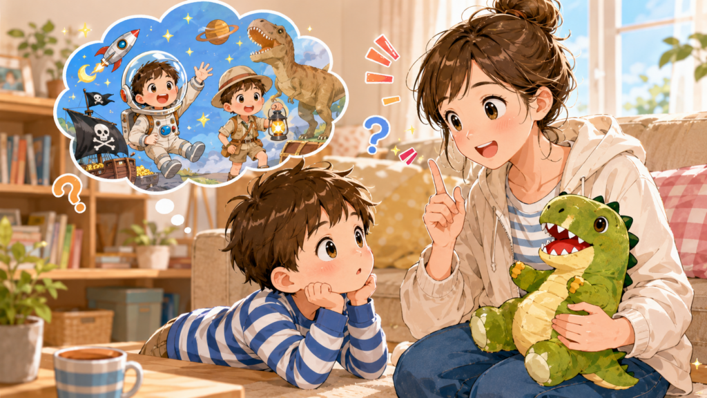 子どもの質問に答えている母親のイラスト