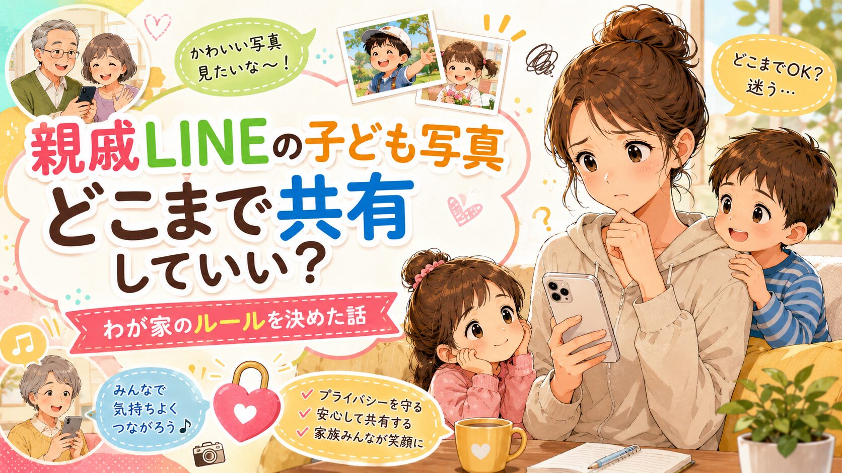 子どもの写真の共有について悩む母親のアイキャッチ画像