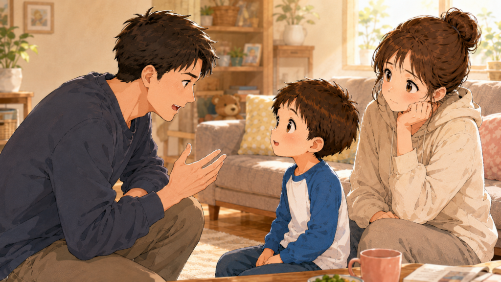 子どもに分かってもらえるよう話す父親のイラスト