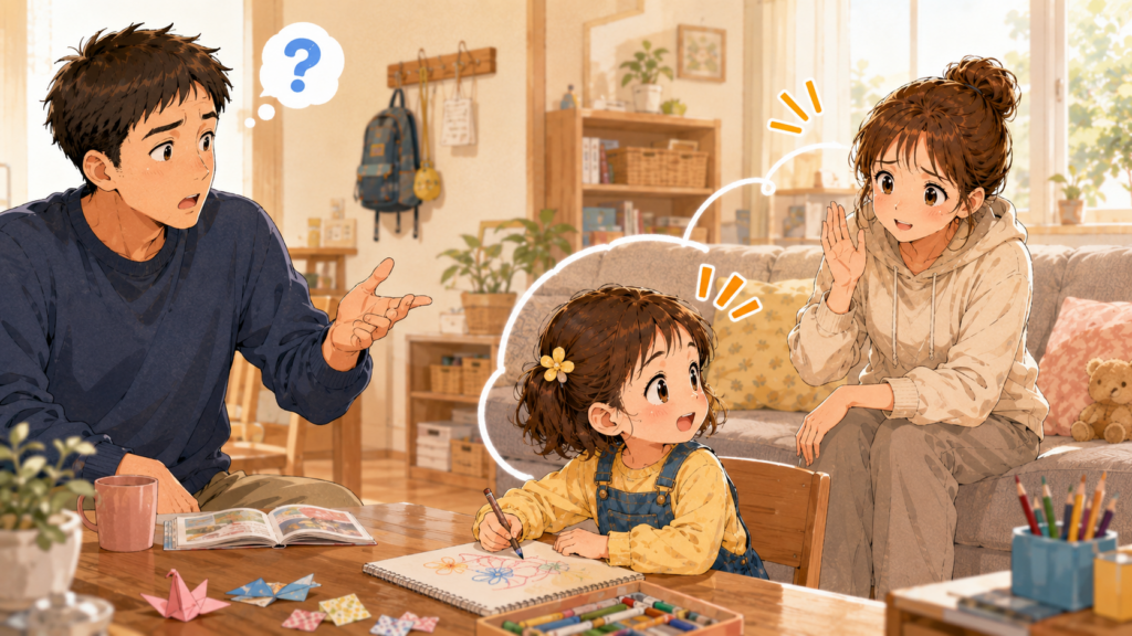パパは無視するのにママには反応する子どものイラスト