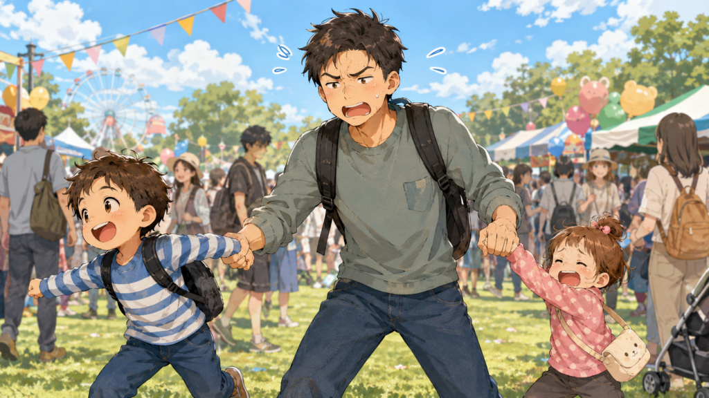 いう事を聞かない子供たちにヘトヘトの父親のイラスト