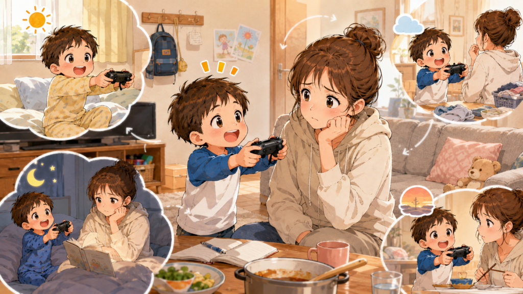 ゲームやっていい？と四六時中聞く子どもに戸惑う母親のイラスト