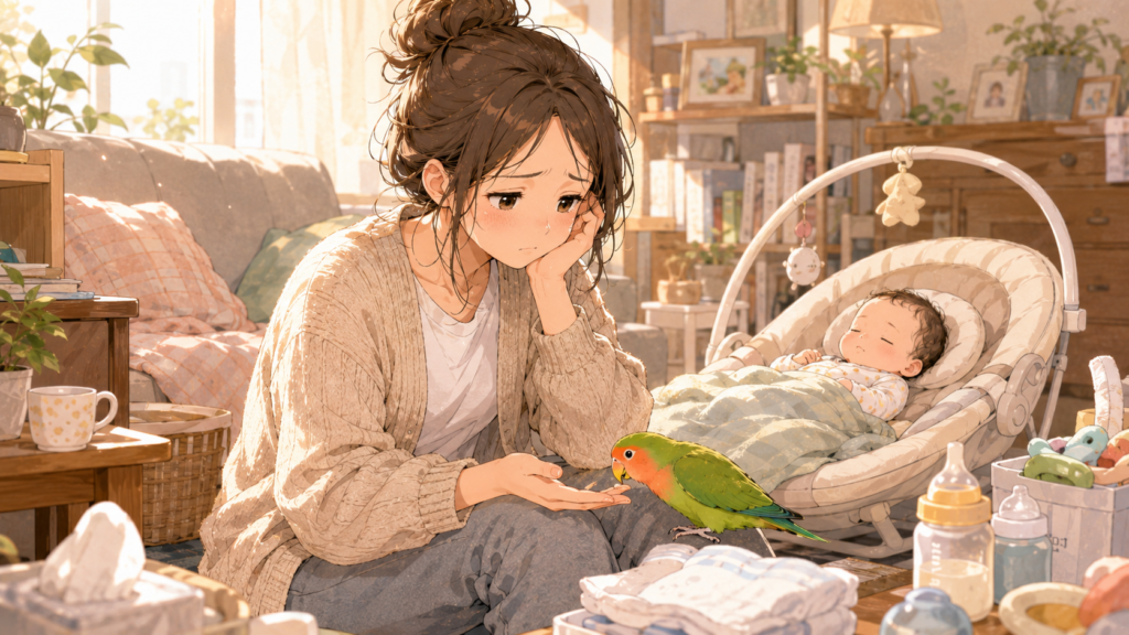 戸惑いながらペットのお世話を続ける女性のイラスト