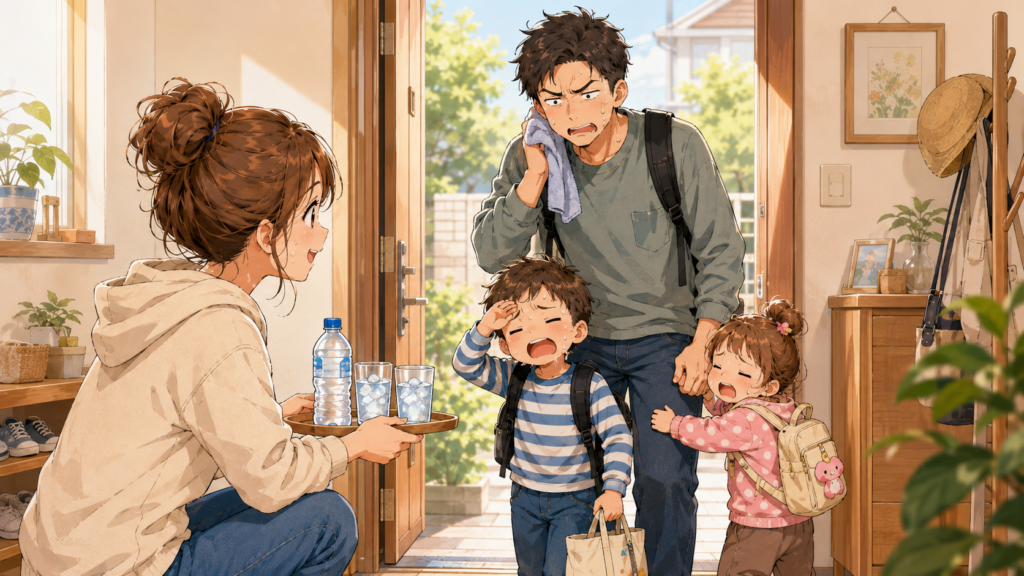 夫と子どもたちを出迎える母親のイラスト