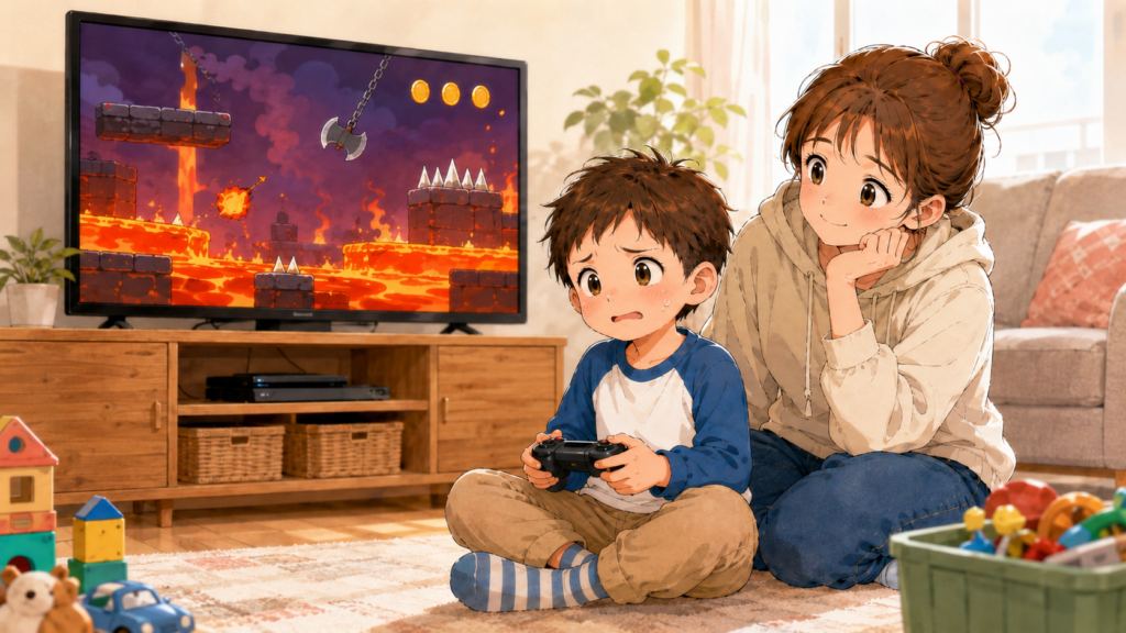 なかなかゲームがクリア出来なくて萎えてる子どもを見ている母親のイラスト