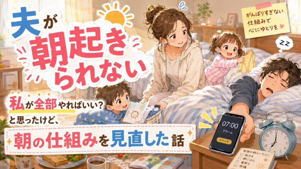 アラームをかけてる夫が全く起きず、他の家族が全員起きて呆れている母親のアイキャッチ画像