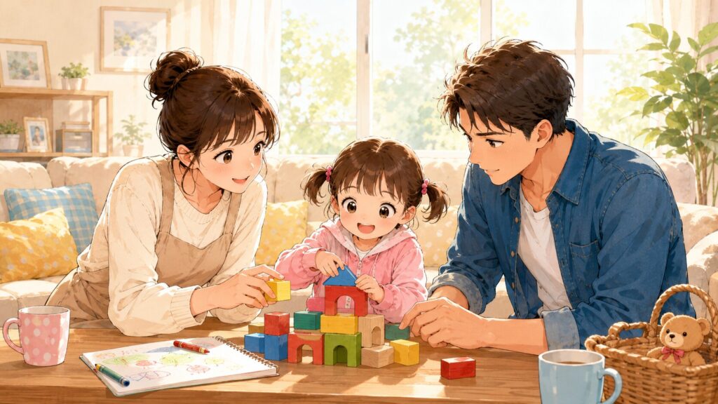 子どもと積み木をする父親と母親のイラスト