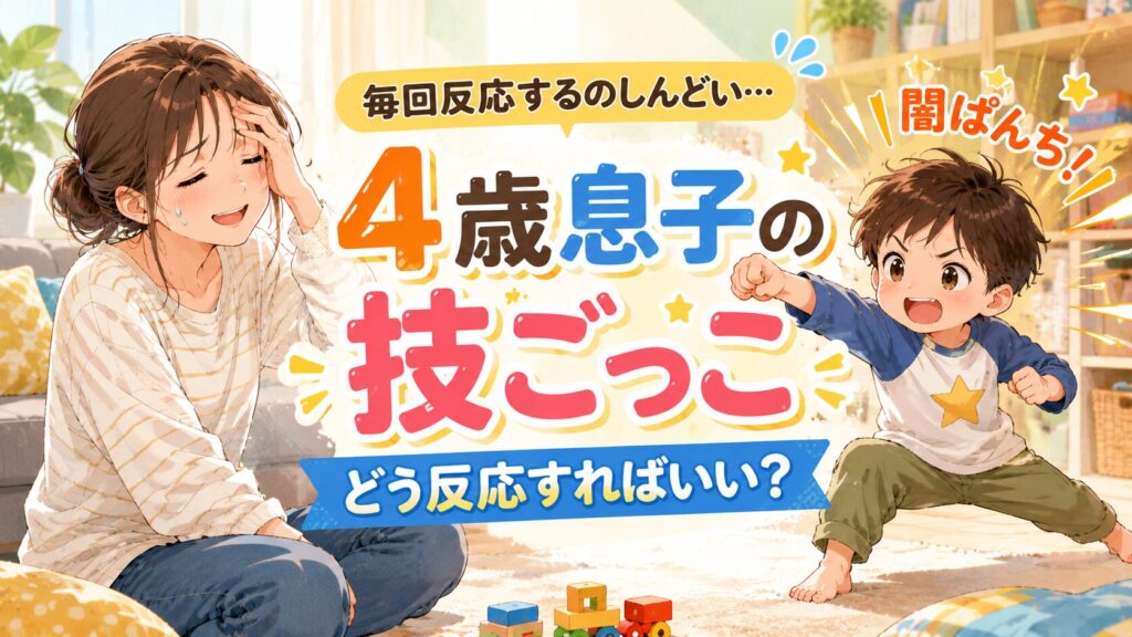 必殺技を繰り出す子どもに疲れている母親のイラスト