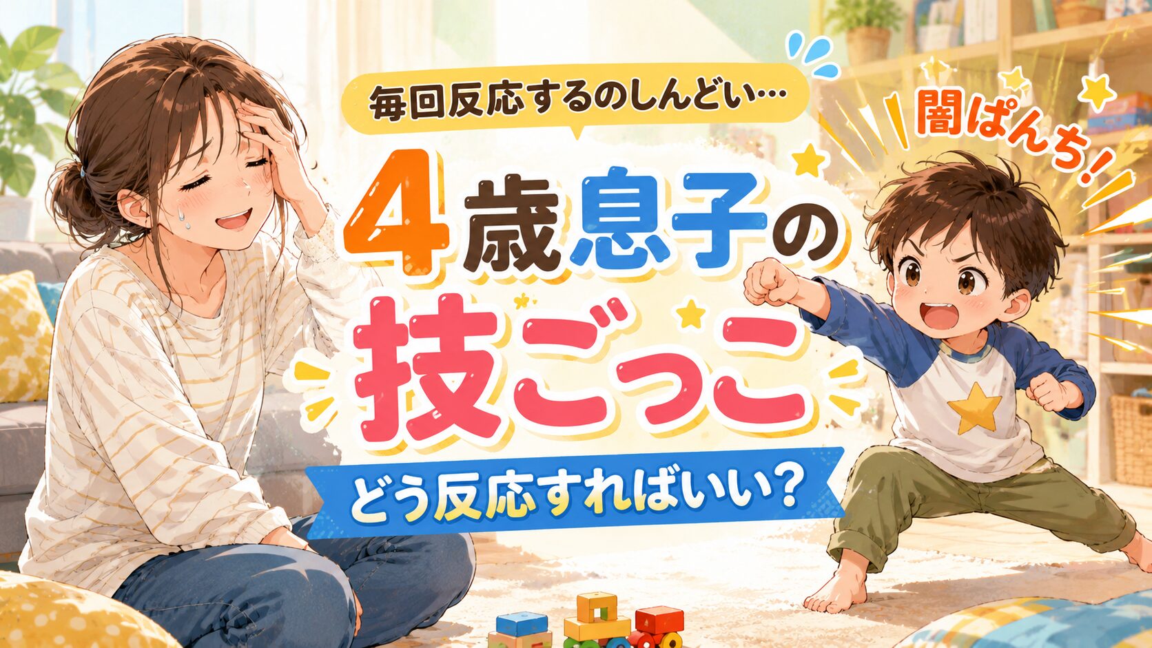 必殺技を繰り出す子どもに疲れている母親のイラスト